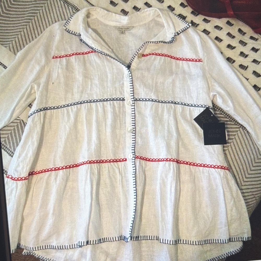 White Button-Up John Mark new Top with Red and Blue Accents M